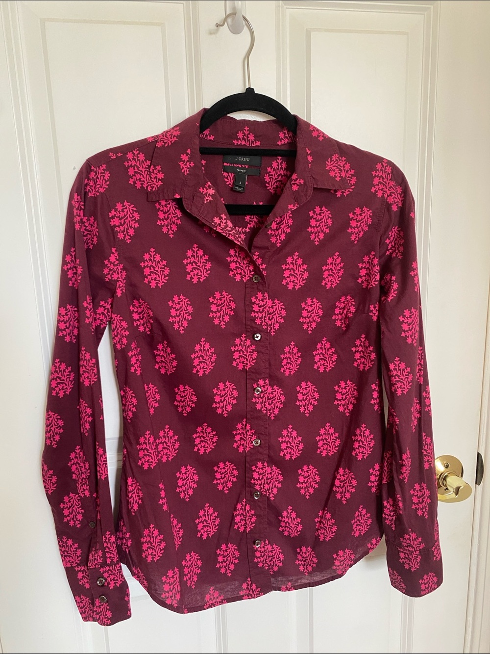 J. Crew Perfect-Fit Women’s Cotton Shirt, Plum with Fuchsia Floral Print Size 2